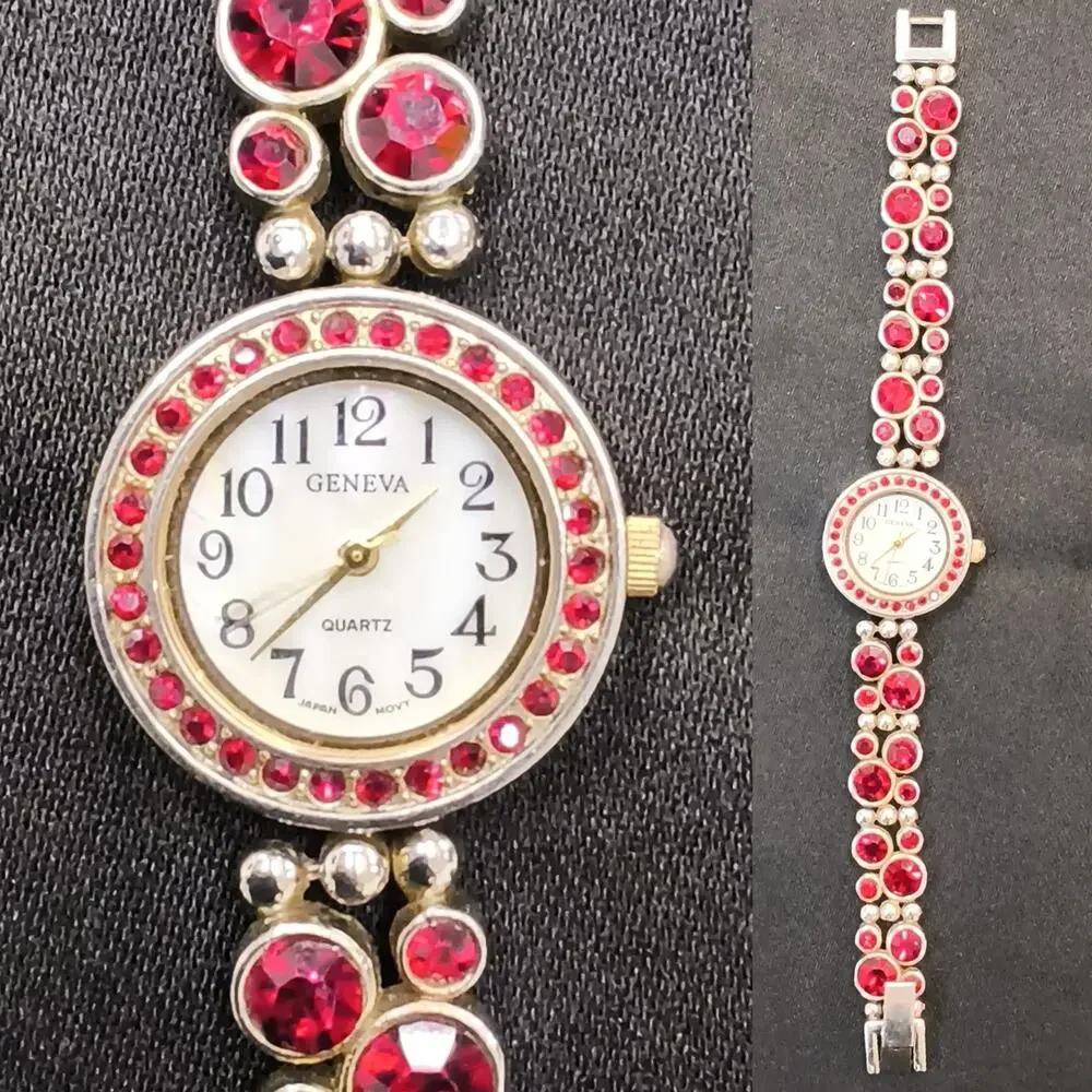 Vintage Geneva Watch Women's Round Silver Tone Red Crystals Inset MOP #W5156